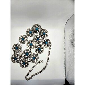 Turquoise Blue Stone Round Silver Chain Belt Fits most